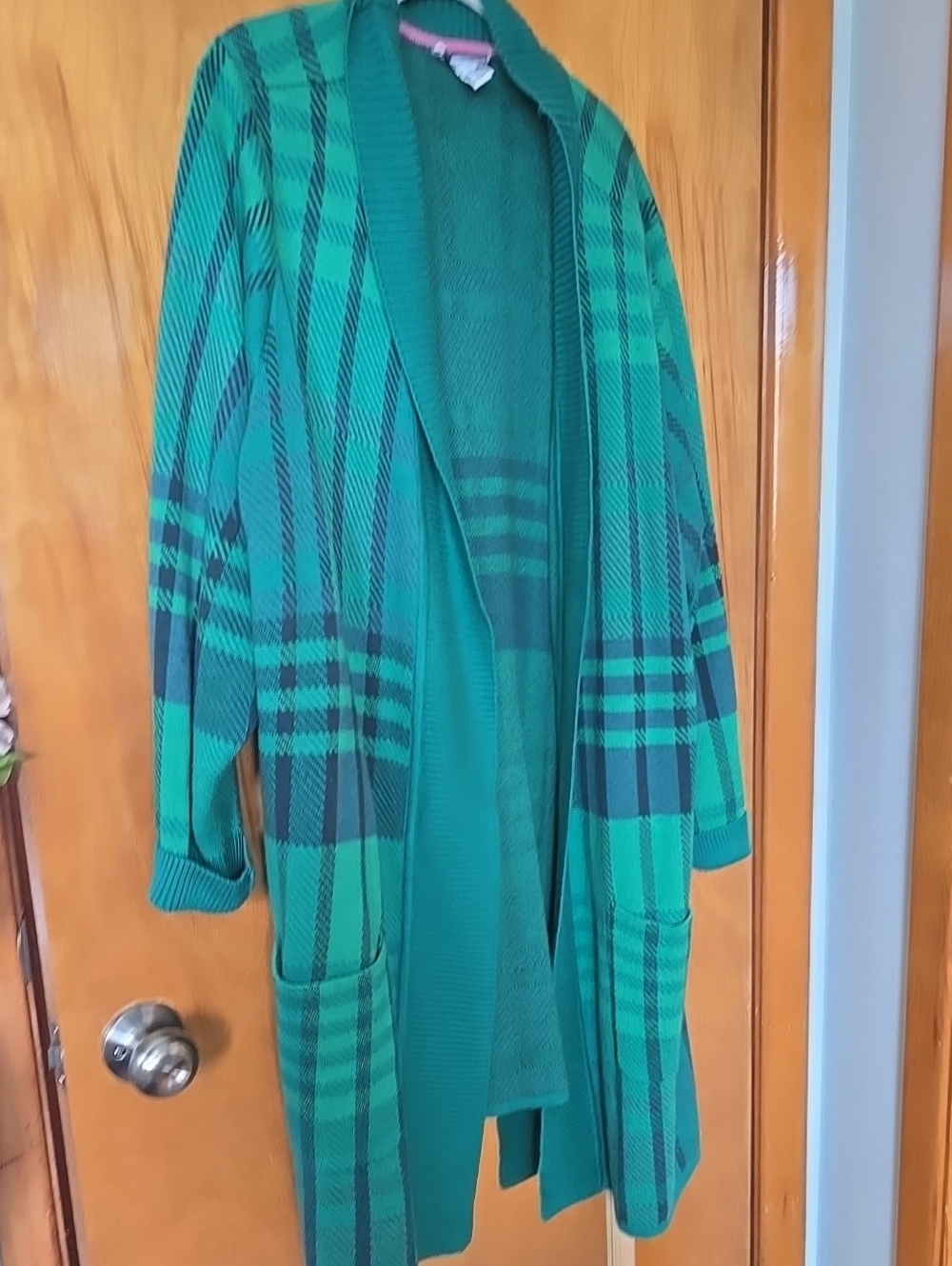 Isaac Mizrahi Green Plaid Open-Front Cardigan